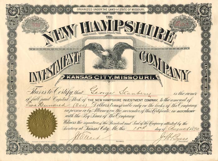 New Hampshire Investment Co. (Uncanceled) - Stock Certificate